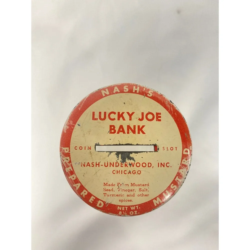 Vintage 1930s Nash Lucky Joe Glass Face Coin Bank Mustard Jar Original Lid